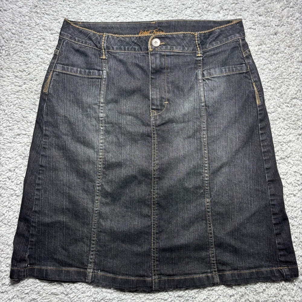 Kikit Jeans Skirt Womens 10 Black Midi Denim Big Stitch Zip Fly 4 Pockets BOHO